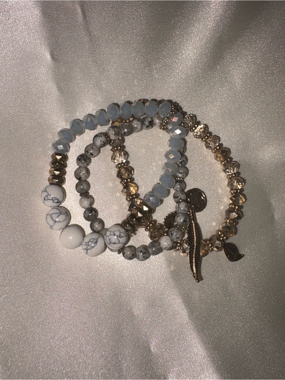 Stacked Beaded Bracelet Set of 3 - White, Gray & Gold